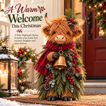Christmas Highland Cow Figurine with Bell
