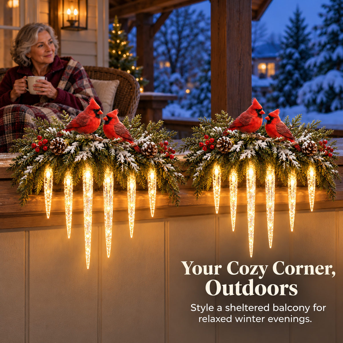 Cardinal Winter Glow — Lighted Snowy Cedar & Icicle Christmas Decor