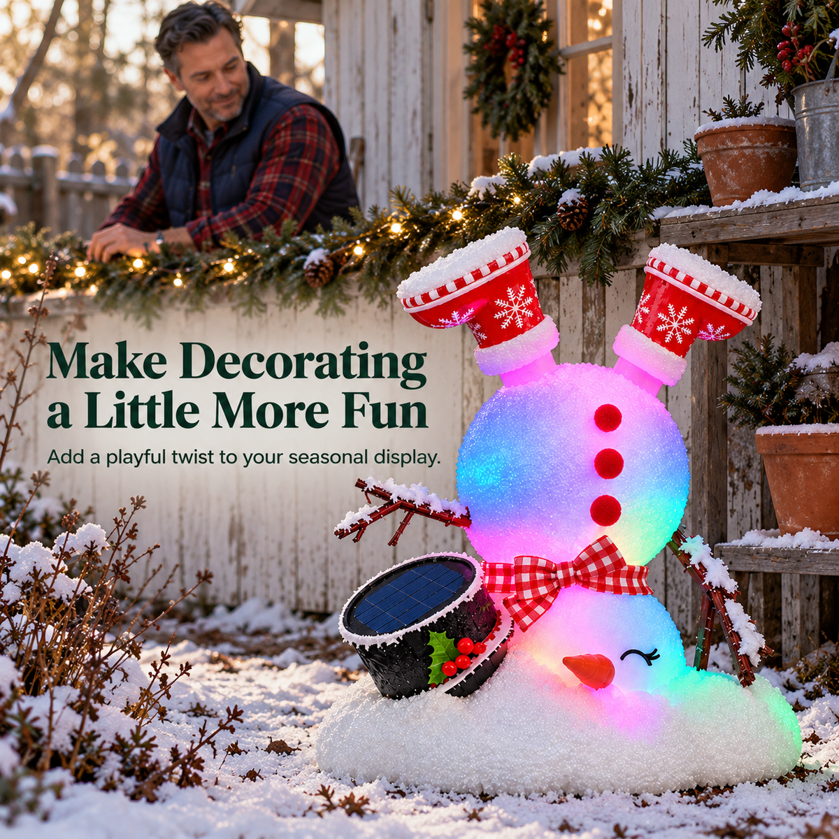 Red-Boot Snowman: Red boots in the air, a black hat in the snow, and a wonderfully silly pose.