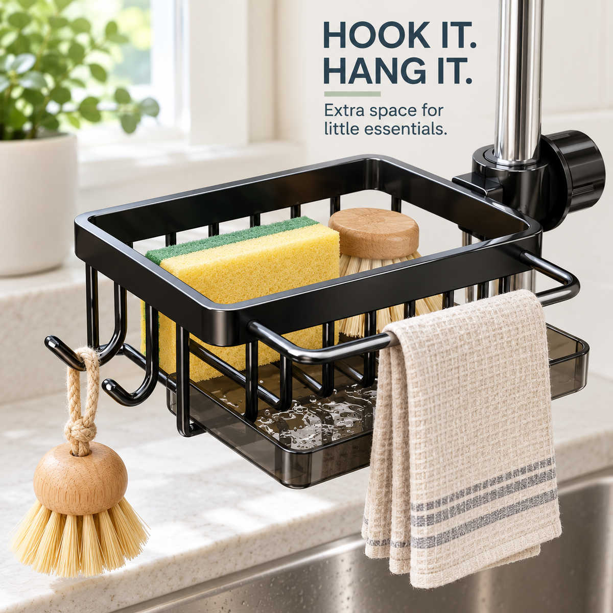 Faucet-Mounted Sink Organizer with Drip Tray