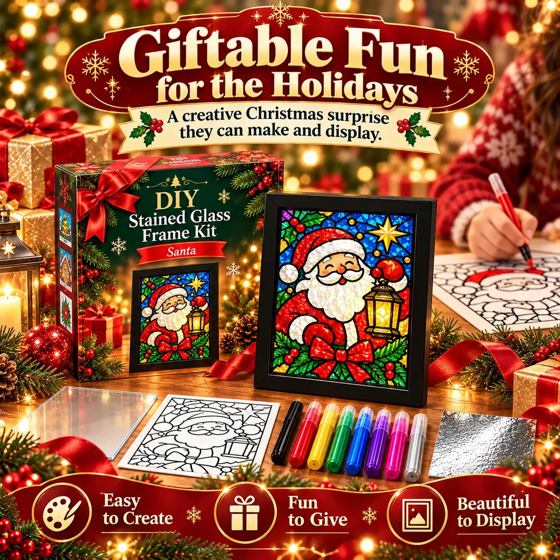 DIY Christmas stained glass style kit presented as a holiday gift