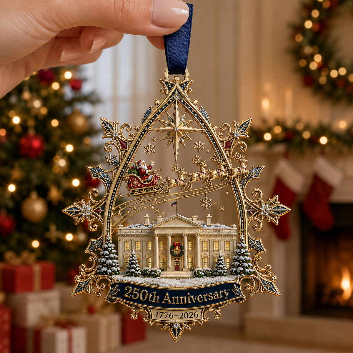 Close-up showing the ornament frame, anniversary banner and decorative motifs
