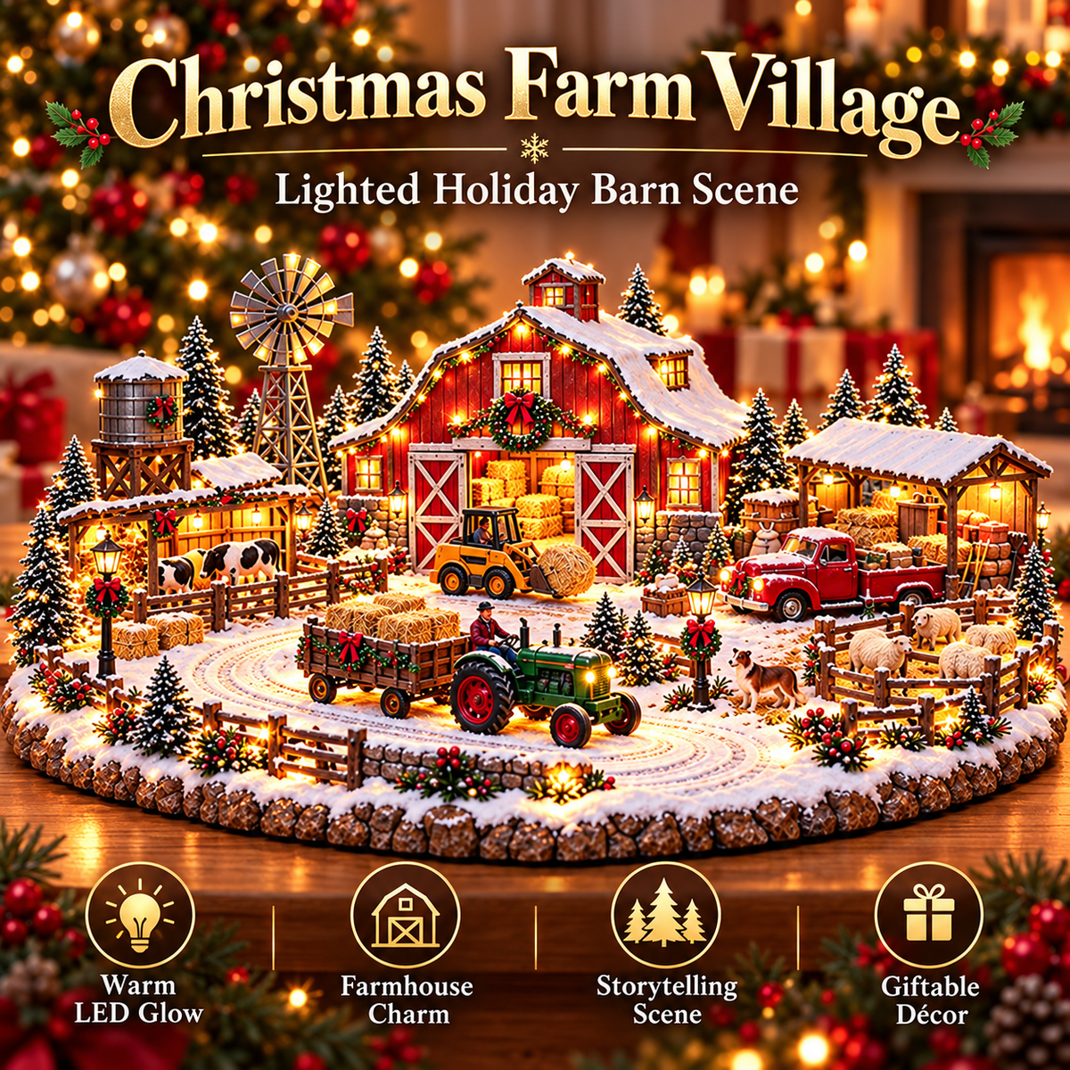 🎄🚜 Christmas Farm Village™ – Lighted Holiday Farm Scene with Tractor, Red Barn & Farm Animals