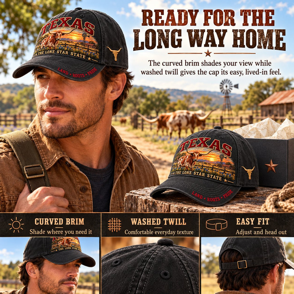 🤠 Texas Lone Star Longhorn Cap | Cotton-Poly Blend • Detailed Embroidery • Adjustable Fit