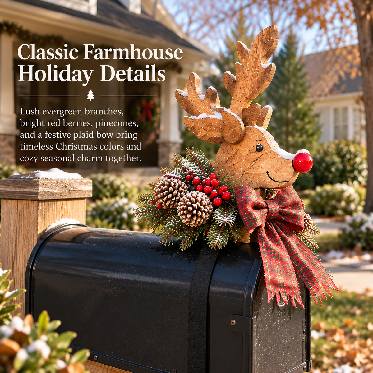 Evergreen branches, berries, pinecones and plaid bow around the reindeer