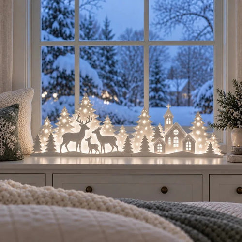 Light-Up Christmas Deer & Snowy Village Window Decor – 2-piece LED set ✨