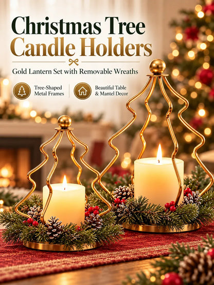 ✨Christmas Tree Candle Holders – Gold Lanterns with Wreaths