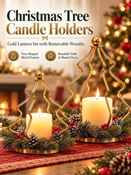 ✨Christmas Tree Candle Holders – Gold Lanterns with Wreaths