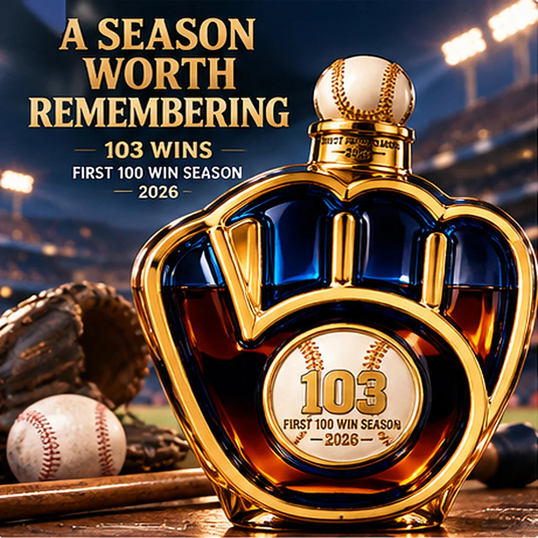 103-win commemorative bottle displayed with baseball equipment at a glowing stadium