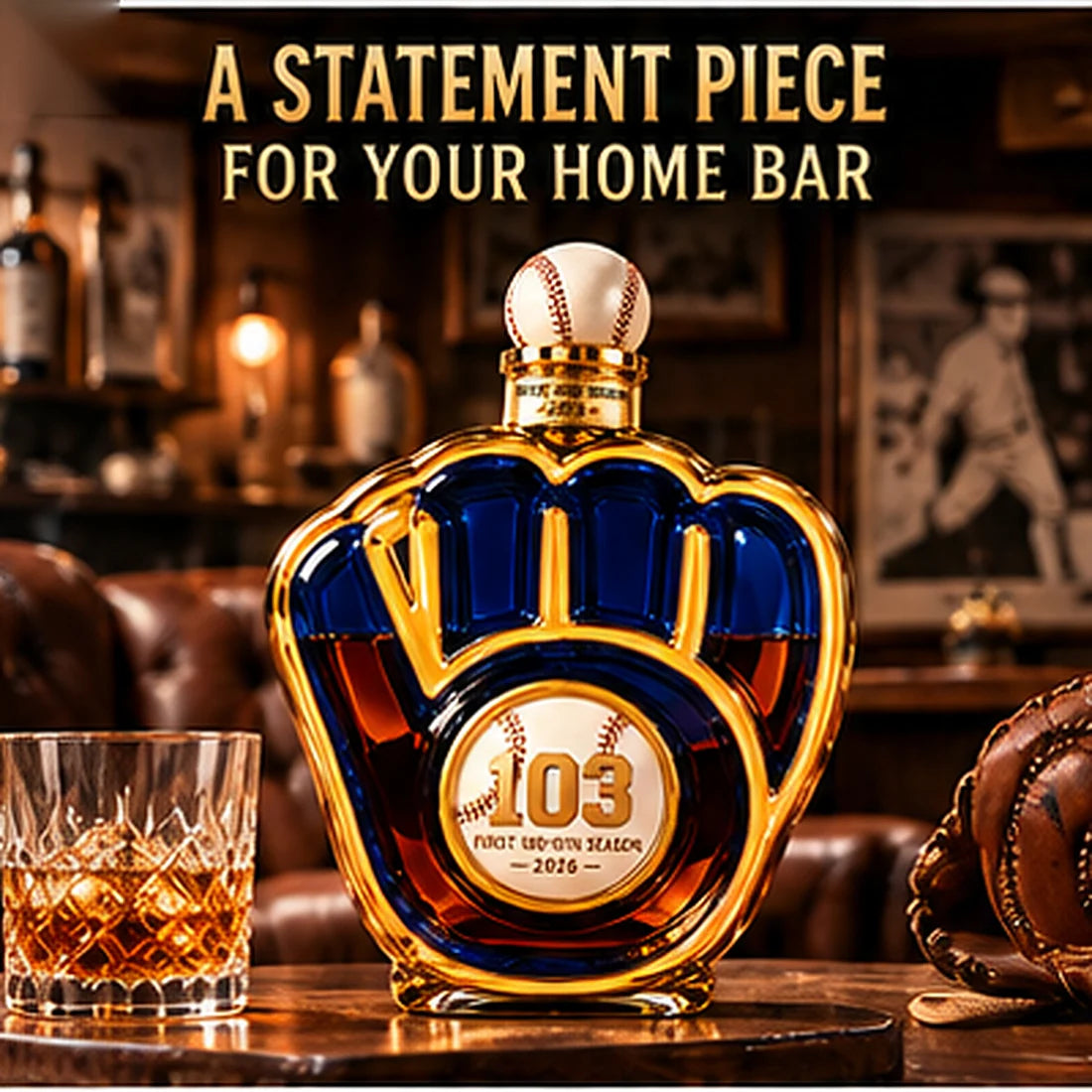 Baseball glove decanter displayed on a warm wooden home bar with a whiskey glass