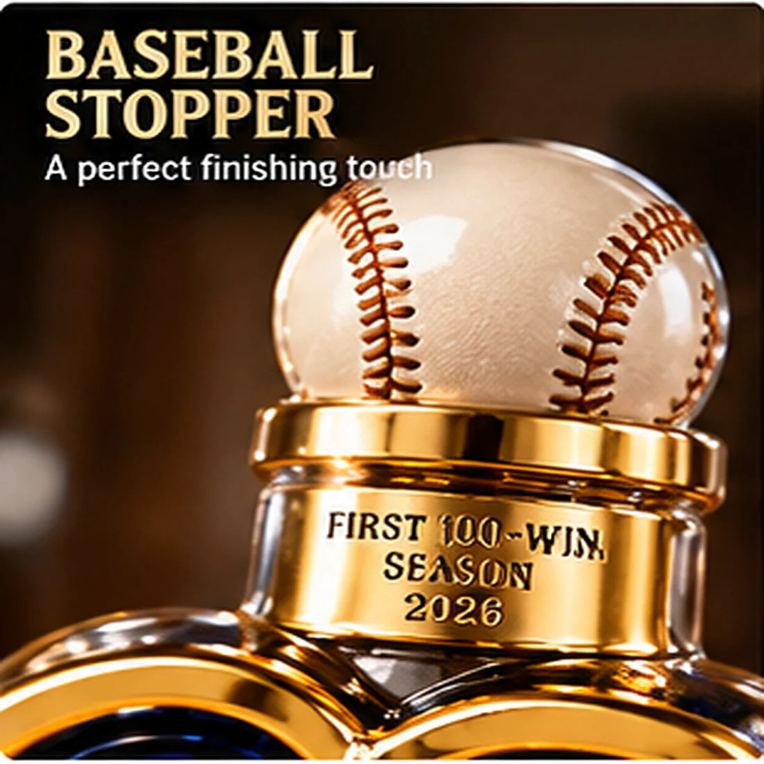 Close detail of white baseball-shaped topper and gold-tone neck of blue baseball whiskey bottle