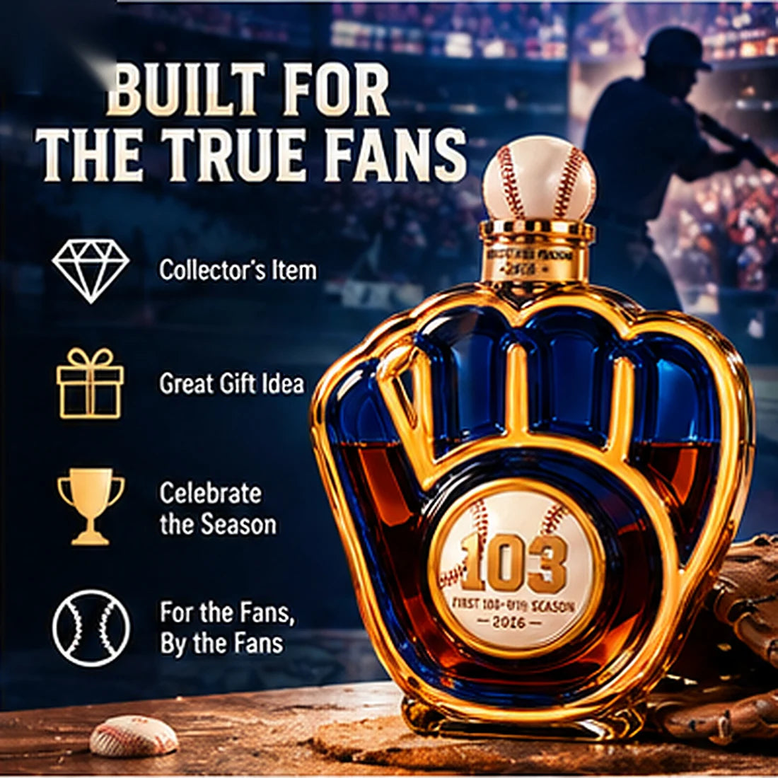 Blue and gold 103-win whiskey bottle with baseball stadium lights and collectible fan imagery