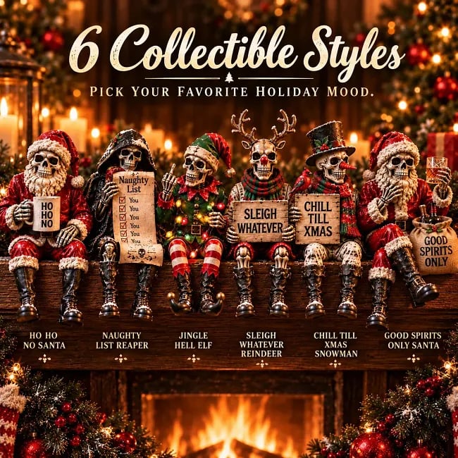 💀🎄 Naughty Christmas Skeletons – 6-Style Gothic Holiday Shelf Sitters.