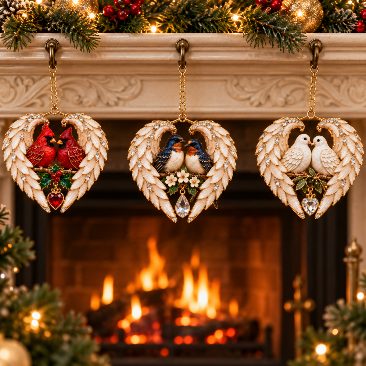 Cardinal Swallow and Dove winged heart ornaments arranged with Christmas mantel greenery
