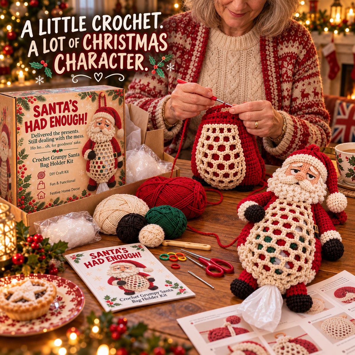 🎄 Christmas Crochet Bag Holder DIY Kit – 4 Funny Festive Designs | A Gift With a Bit of British Humour