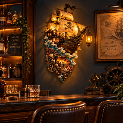 Captain's Lost Treasure – Lighted 3D Pirate Ship Wall Art, Vintage Nautical Decor for Home Bar, Study & Living Room