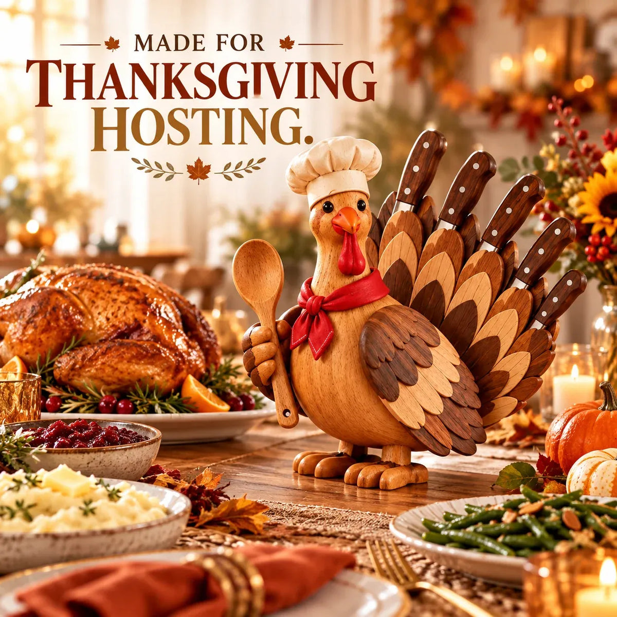 🦃 Rustic Turkey-Shaped Wooden Knife Stand | Thanksgiving Kitchen Decor