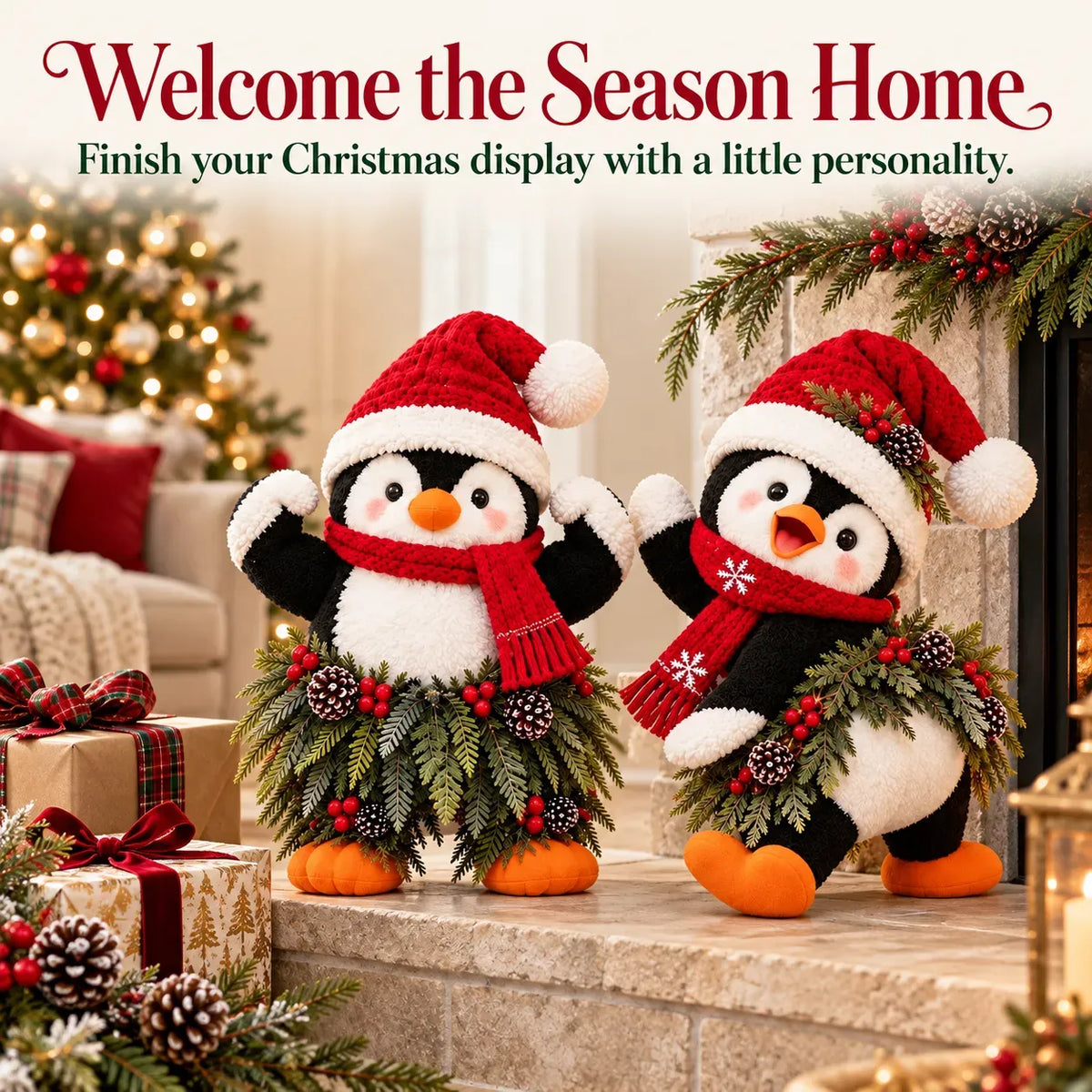 Weihnachtliche Pinguin-Willkommensdekoration mit Weihnachtsmütze und festlichem Grün