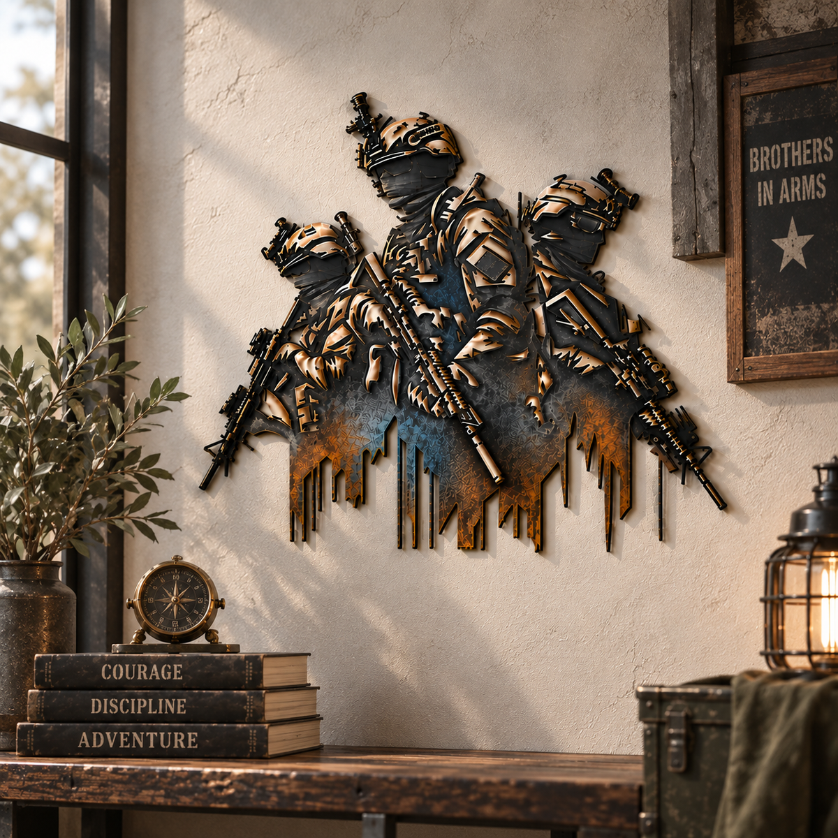 🎖️🇺🇸 Unbreakable Brotherhood – 3-Soldier Tactical Metal Wall Decor, Military Tribute Art & Meaningful Gifts for Veterans 🔥