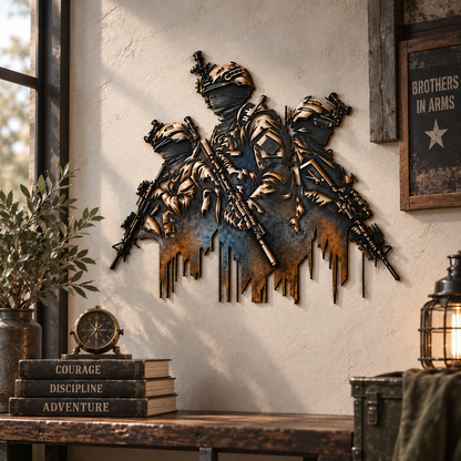 🎖️🇺🇸 Unbreakable Brotherhood – 3-Soldier Tactical Metal Wall Decor, Military Tribute Art & Meaningful Gifts for Veterans 🔥