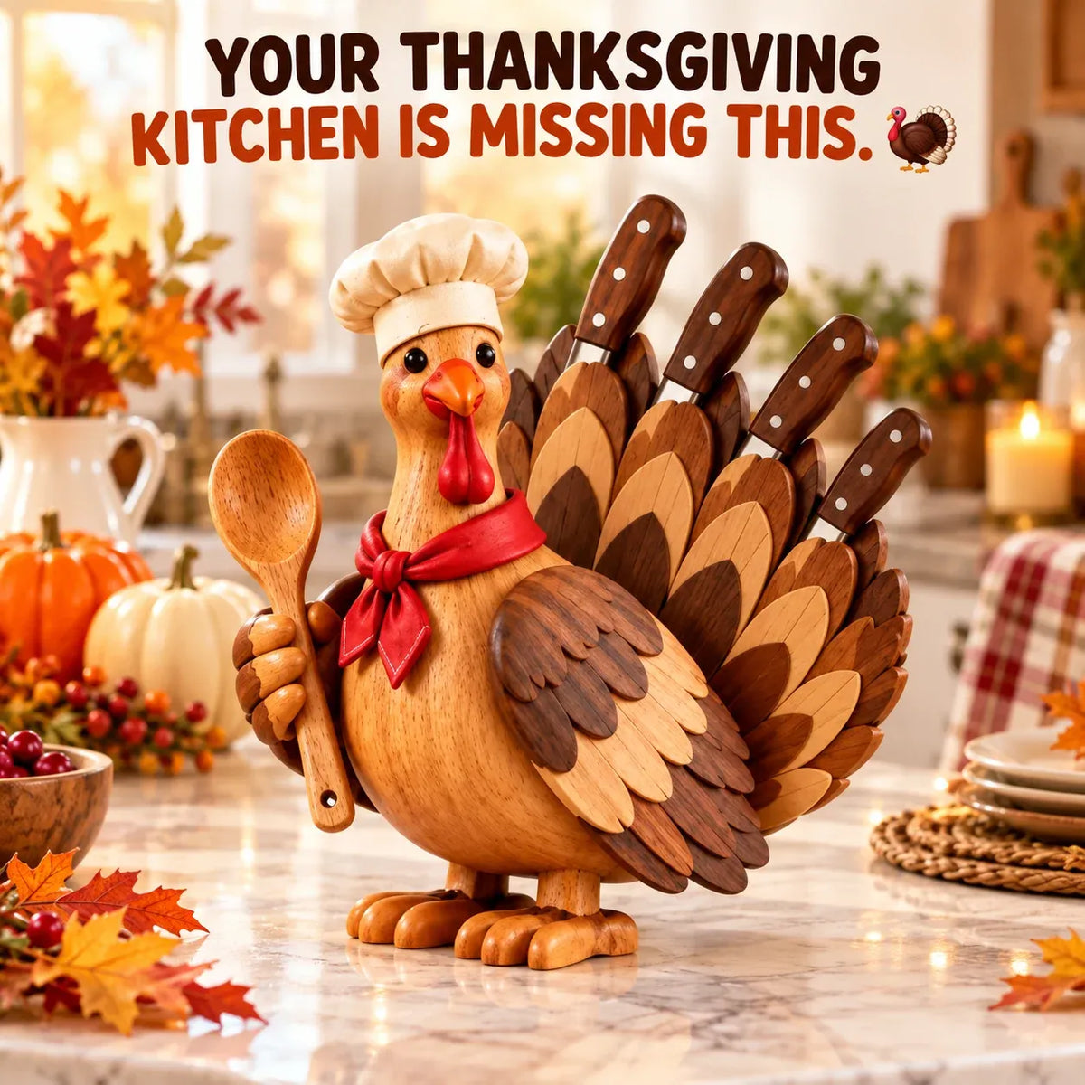 🦃 Rustic Turkey-Shaped Wooden Knife Stand | Thanksgiving Kitchen Decor