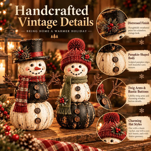 ☃️ Vintage Pumpkin Snowman Duo – Rustic Black & Ivory Farmhouse Christmas Figurines