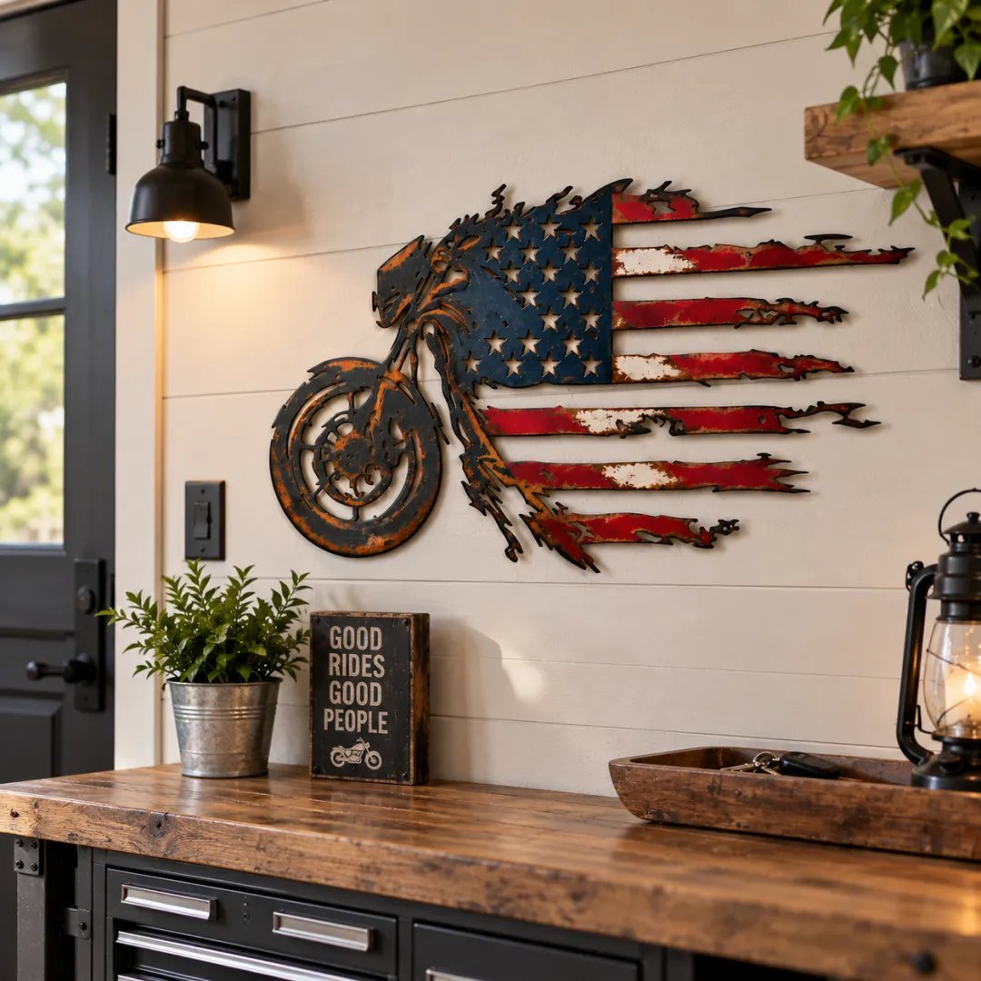 Patriotic Motorcycle American Flag Metal Wall Art