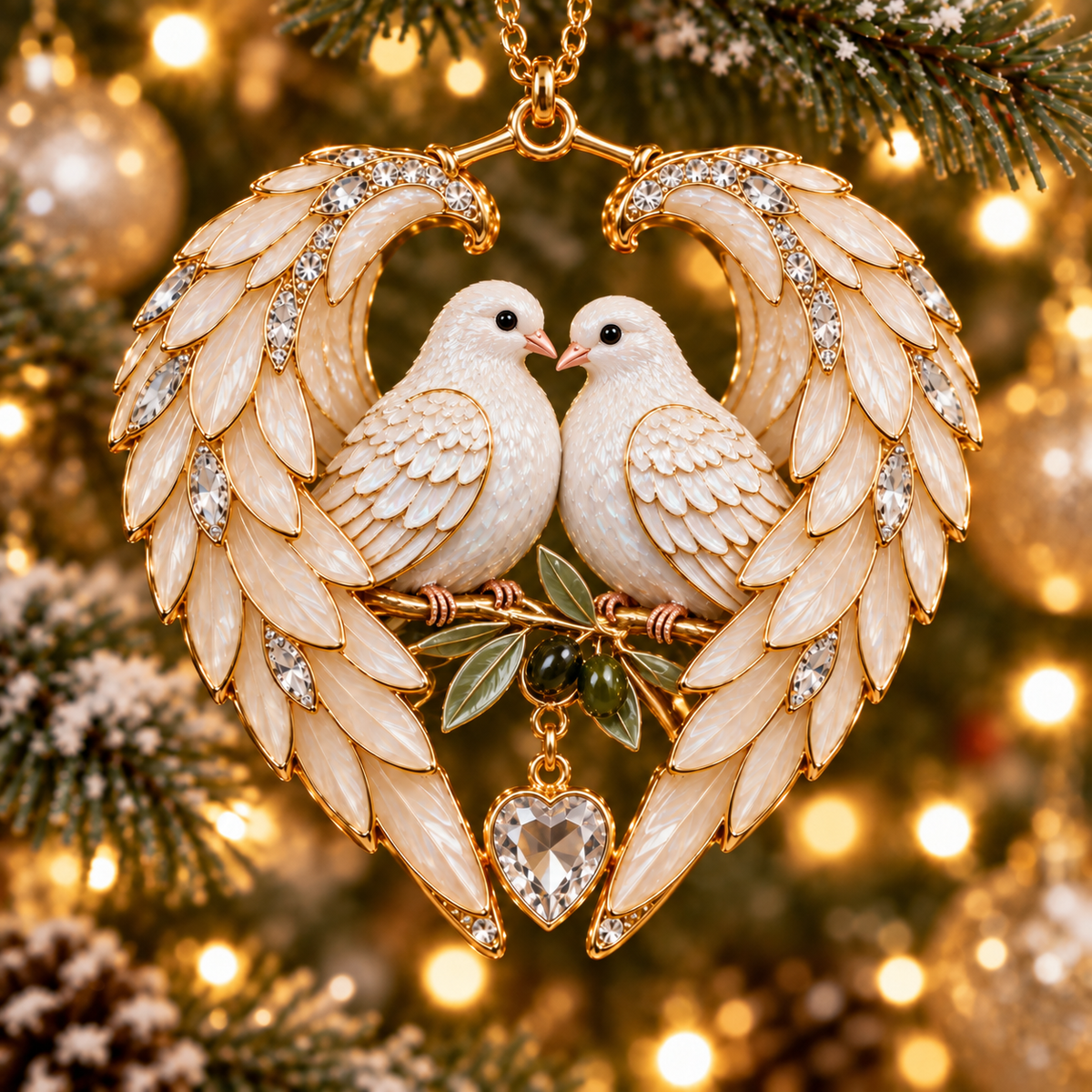 White Dove Pair with a leafy branch inside white wings and a clear hanging drop