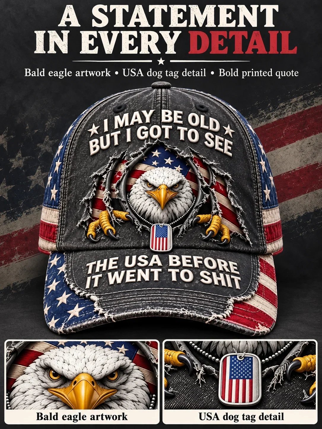 🦅🇺🇸 American Bald Eagle Embroidered Vintage Baseball Cap