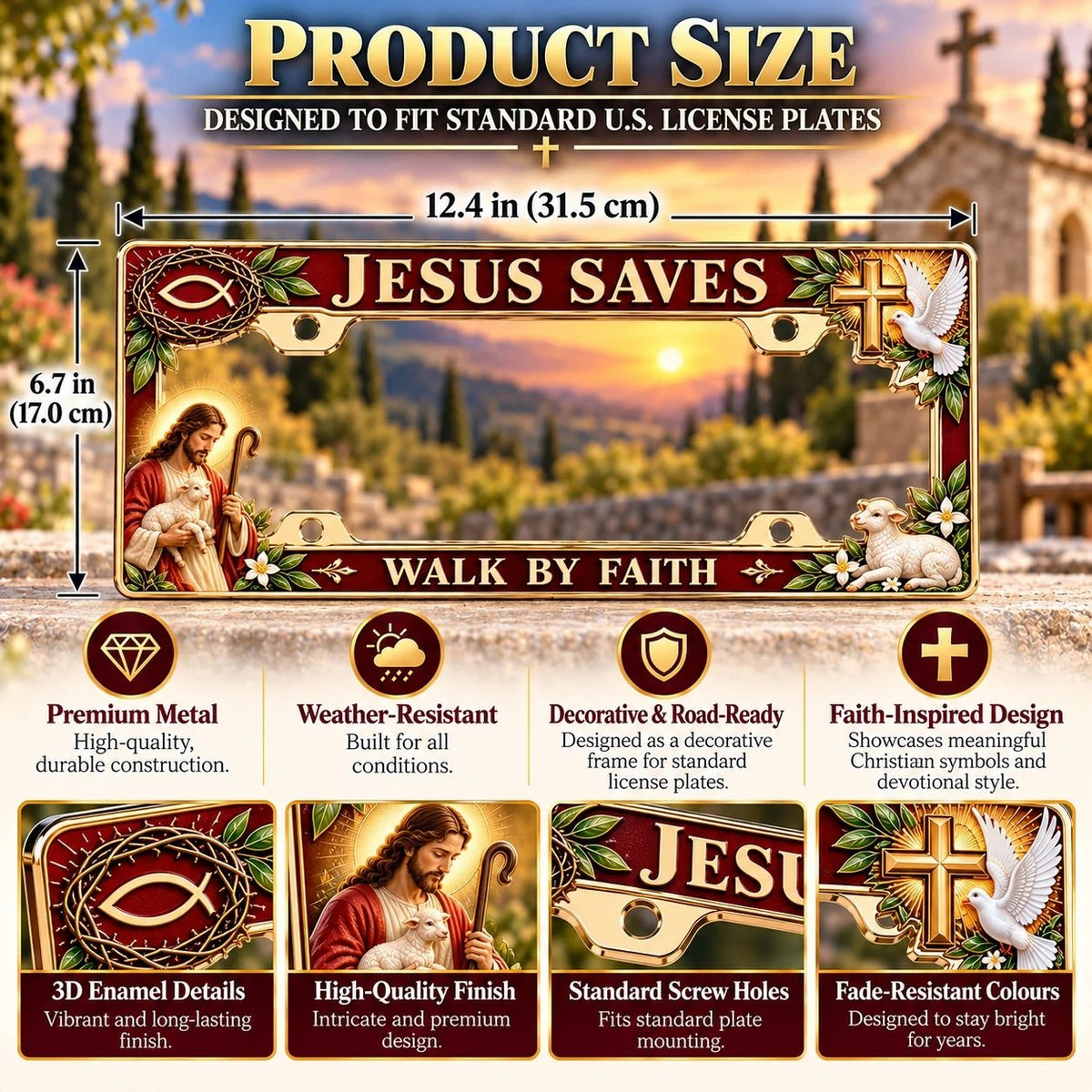 🐑🕊️ “Jesus Saves – Walk by Faith” Jesus Commemorative Metal License Plate Frame