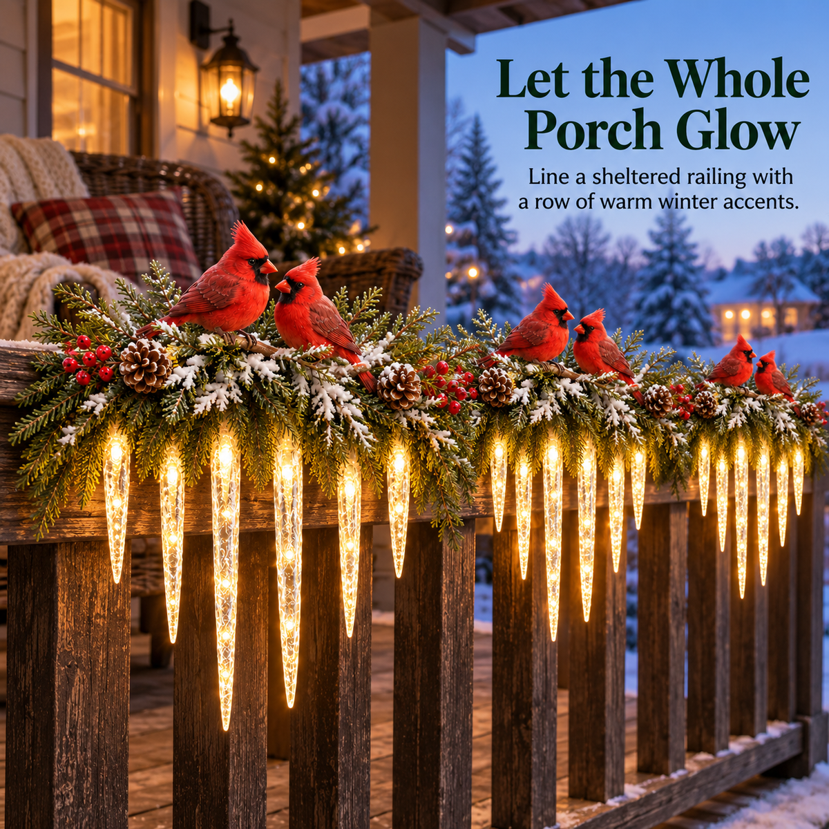Cardinal Winter Glow — Lighted Snowy Cedar & Icicle Christmas Decor