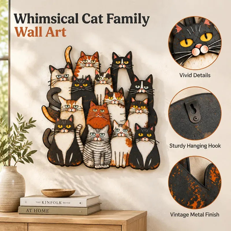 Whimsical Cat Family Metal Wall Art