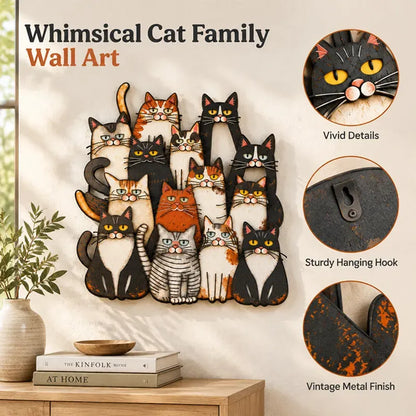 Whimsical Cat Family Metal Wall Art