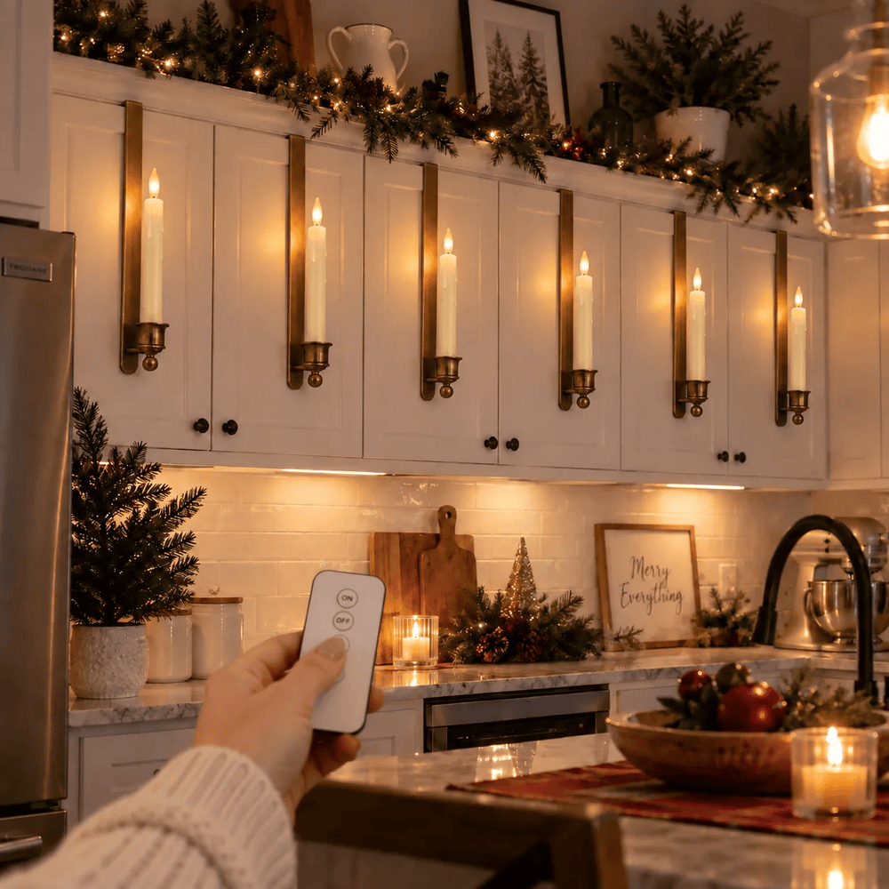 Cabinet candle in a bright coffee bar with everyday greenery