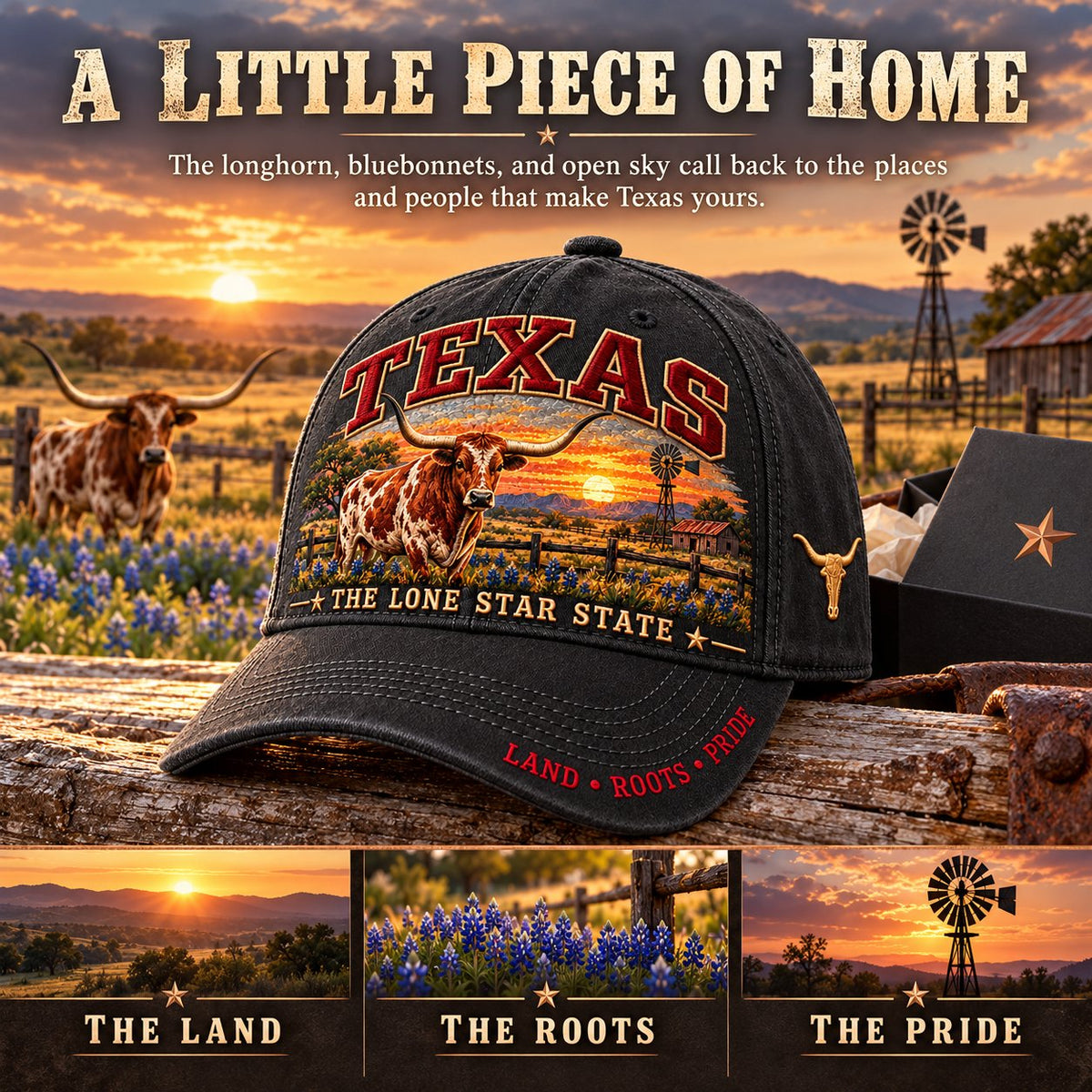 🤠 Texas Lone Star Longhorn Cap | Cotton-Poly Blend • Detailed Embroidery • Adjustable Fit