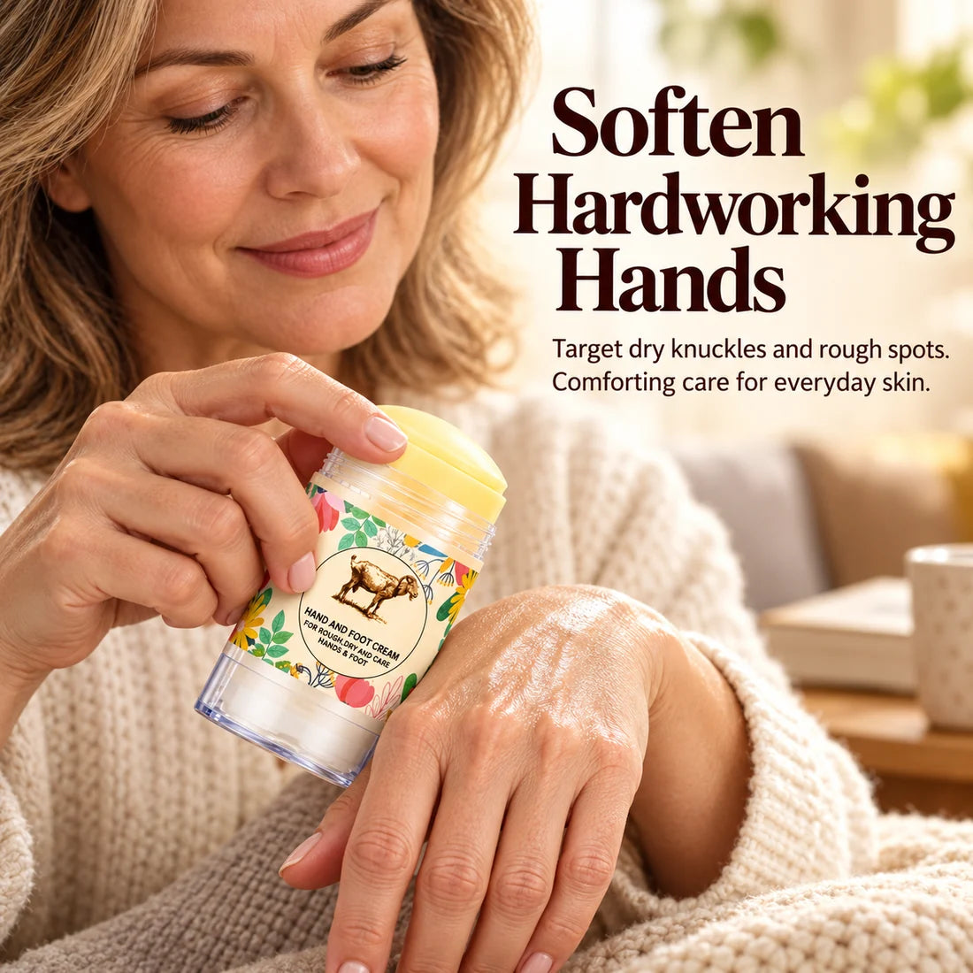 Woman applying moisturizing balm to the back of her hand