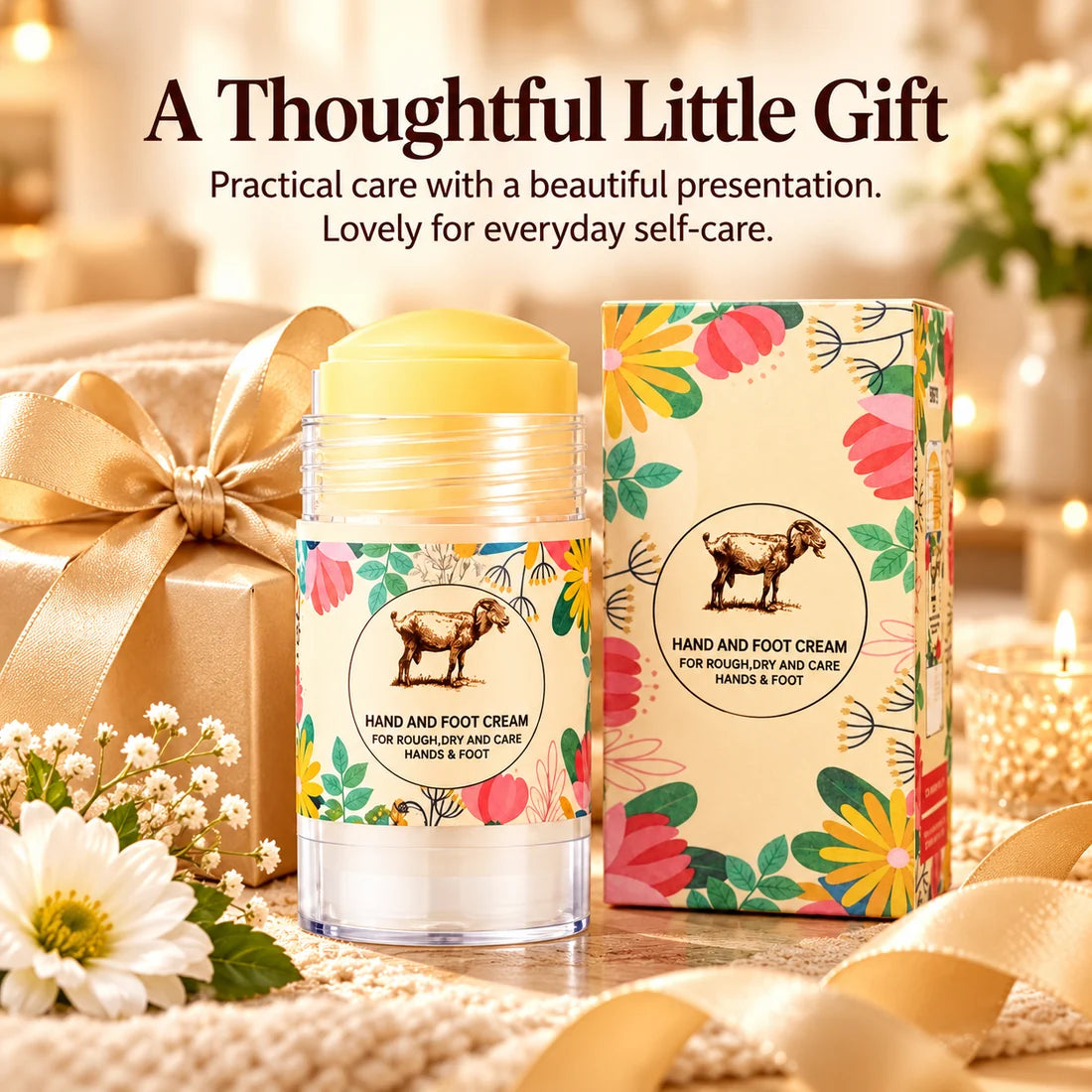 Floral balm presented with a gift ribbon and matching carton