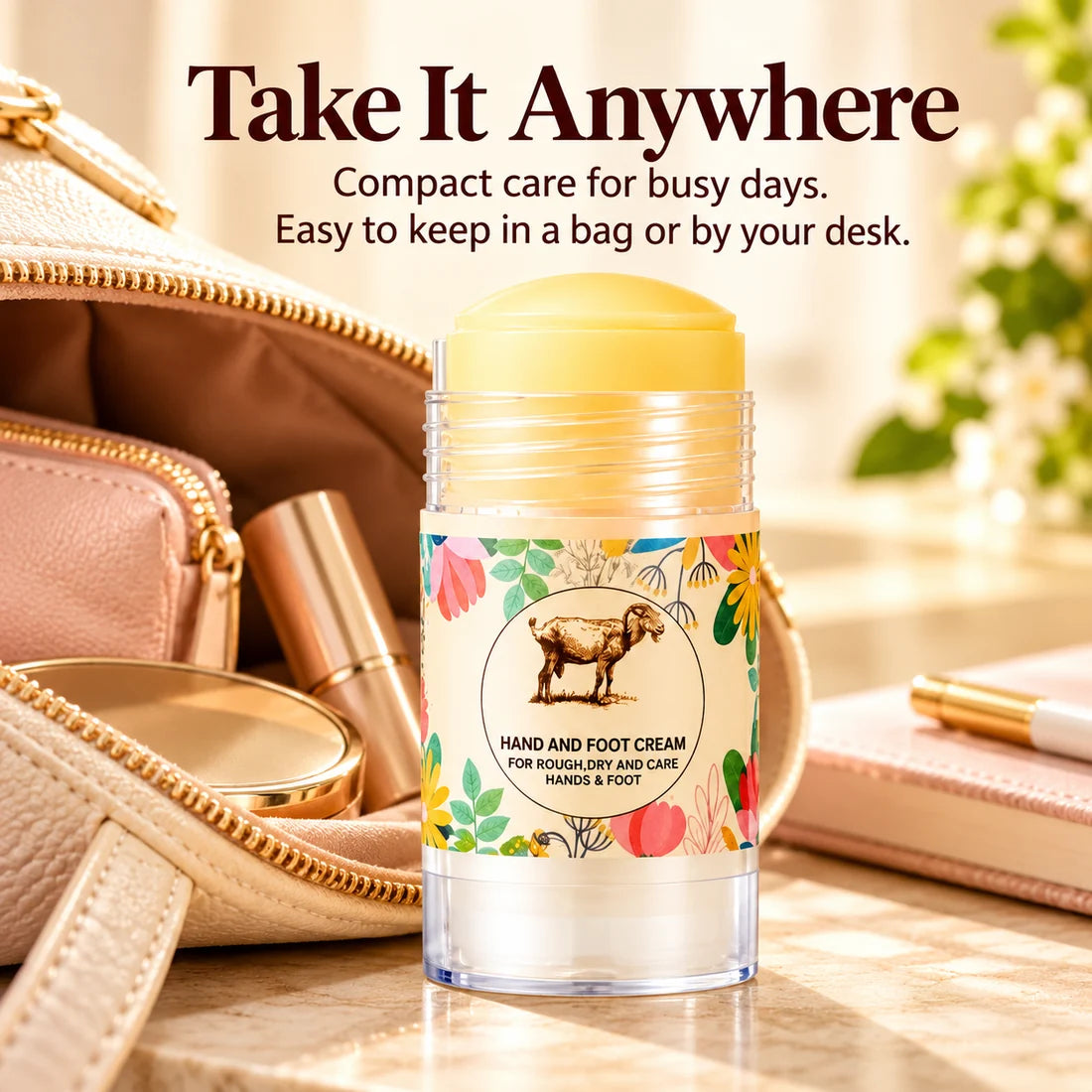 Compact balm next to an open handbag and everyday belongings