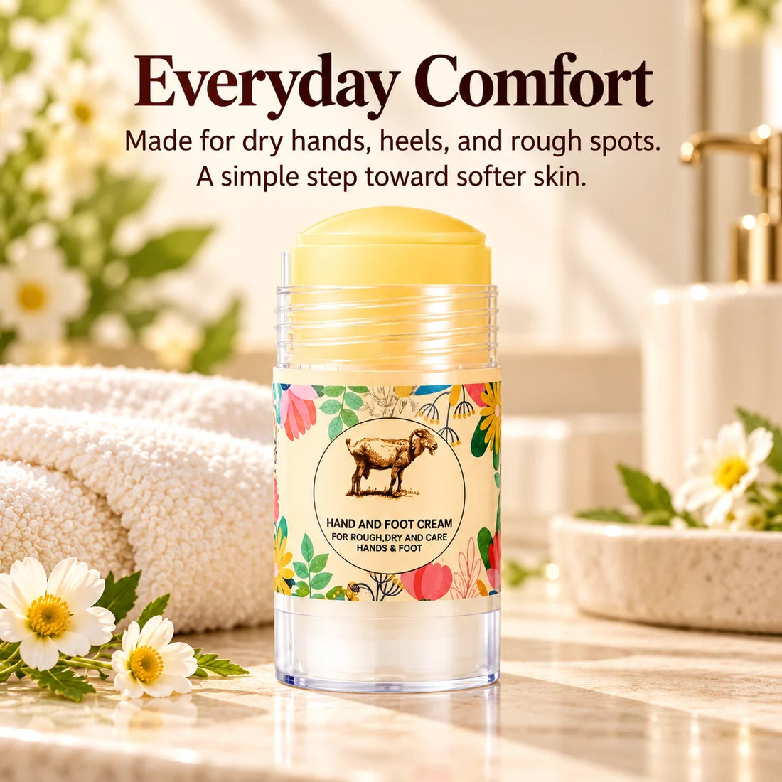 Moisturizing balm in a softly lit bathroom with towels and flowers