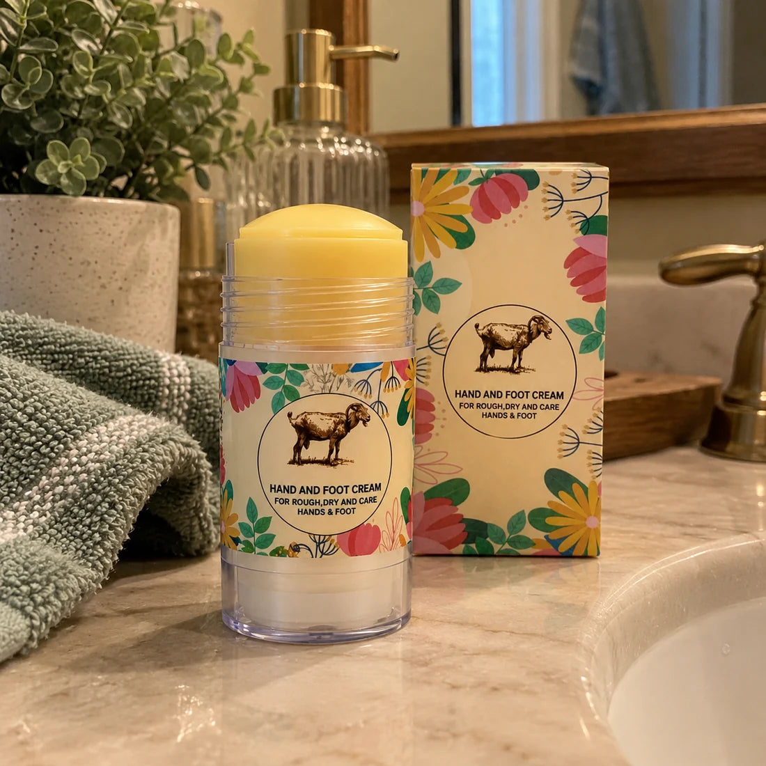 Customer-style photo of balm and carton on a bathroom vanity