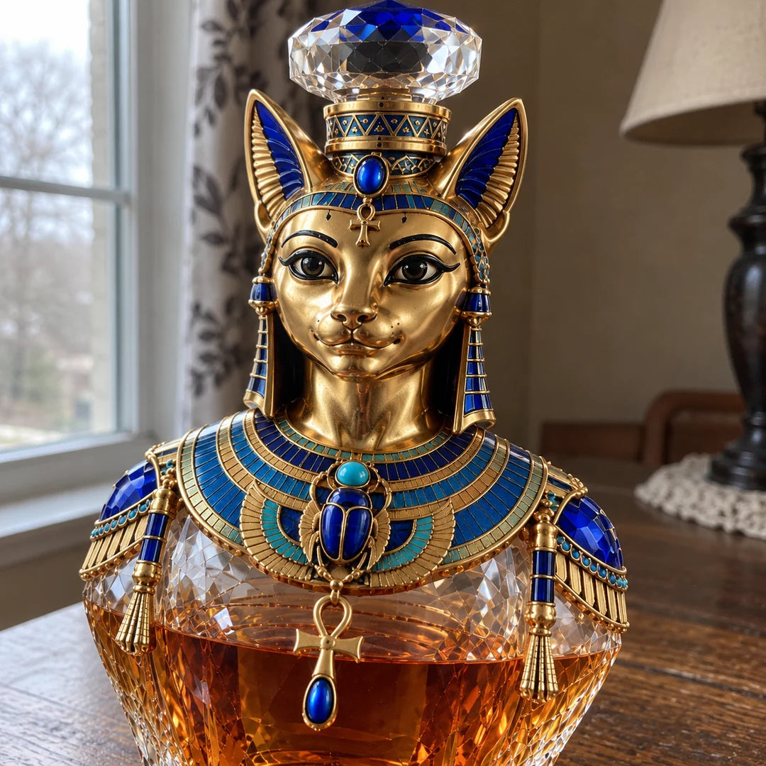 Close-up of Bastet cat goddess face in gold and royal blue