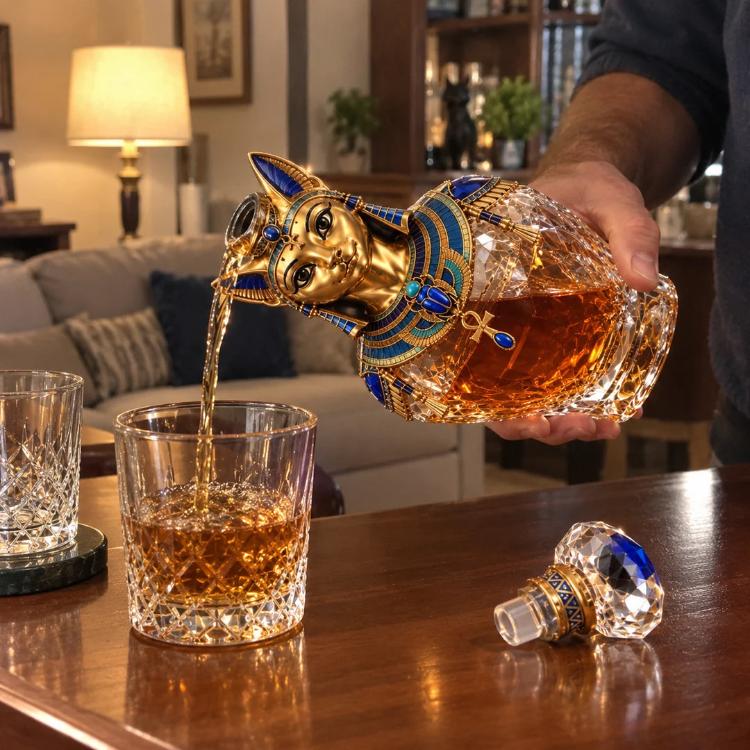 Bastet-inspired Whiskey Decanter being used to pour a drink