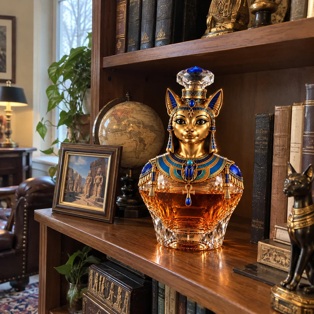 Bastet Whiskey Decanter on a shelf in a study