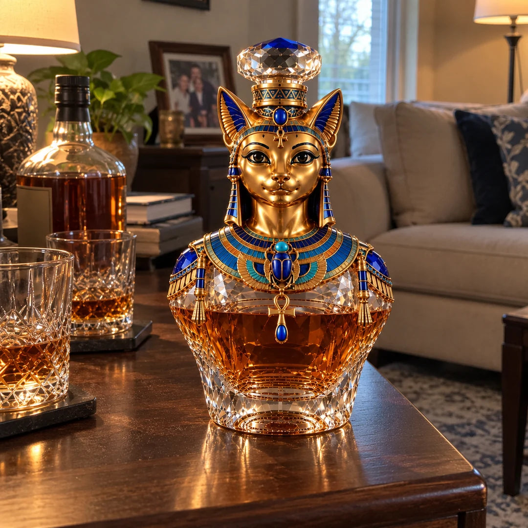 Bastet Whiskey Decanter displayed at a cozy living-room bar