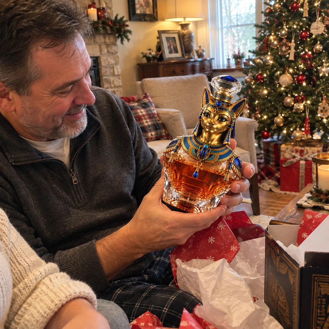 Bastet decanter in festive gift setting by the Christmas tree