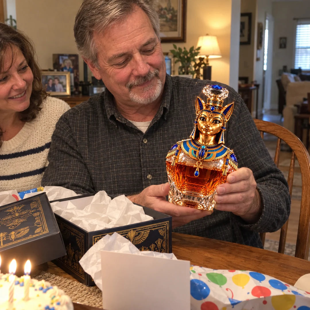 Father admiring an Egyptian cat whiskey decanter as a birthday gift