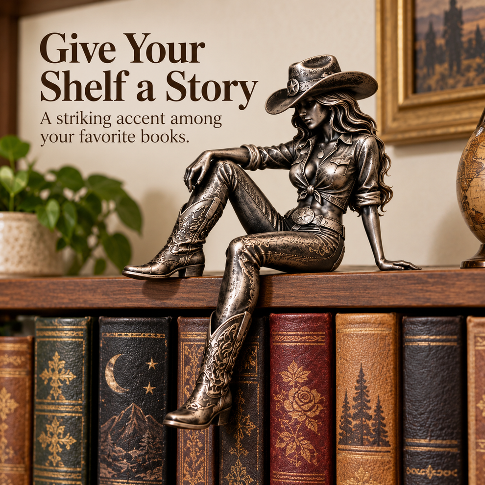 Style A seated vintage bronze-look cowgirl figurine
