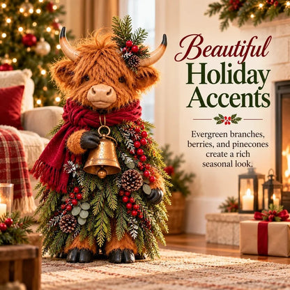 Christmas Highland Cow Figurine with Bell