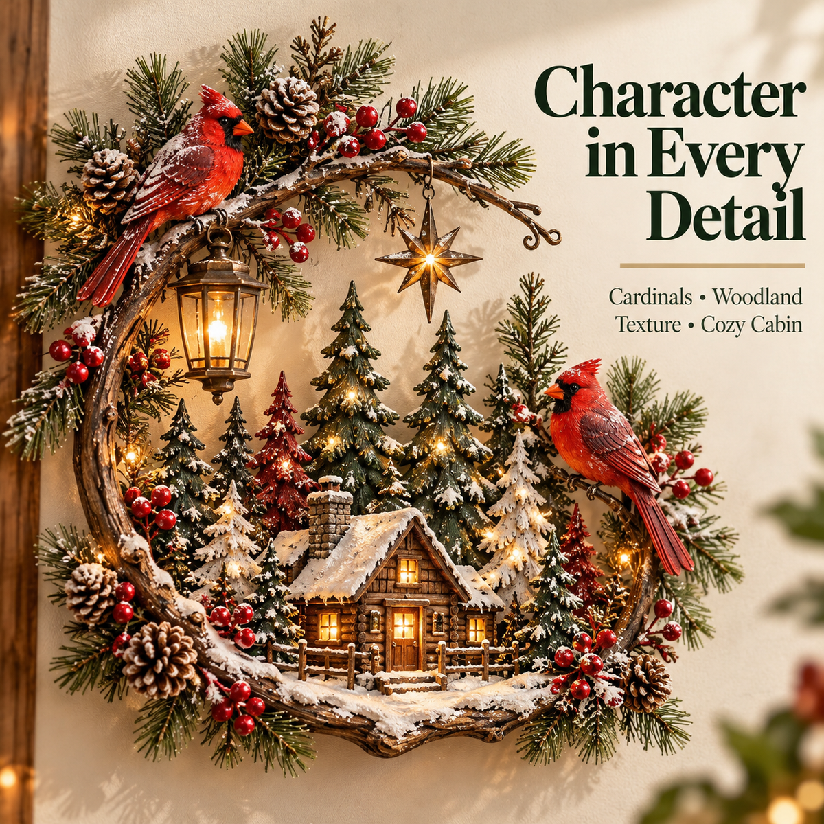 🎄❤️ Cardinal Winter Haven™ – Lighted Christmas Cabin Wreath Wall Decor ✨