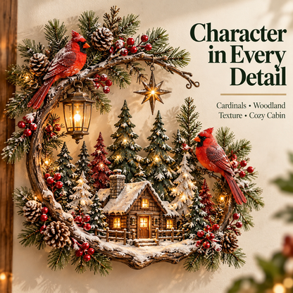 🎄❤️ Cardinal Winter Haven™ – Lighted Christmas Cabin Wreath Wall Decor ✨